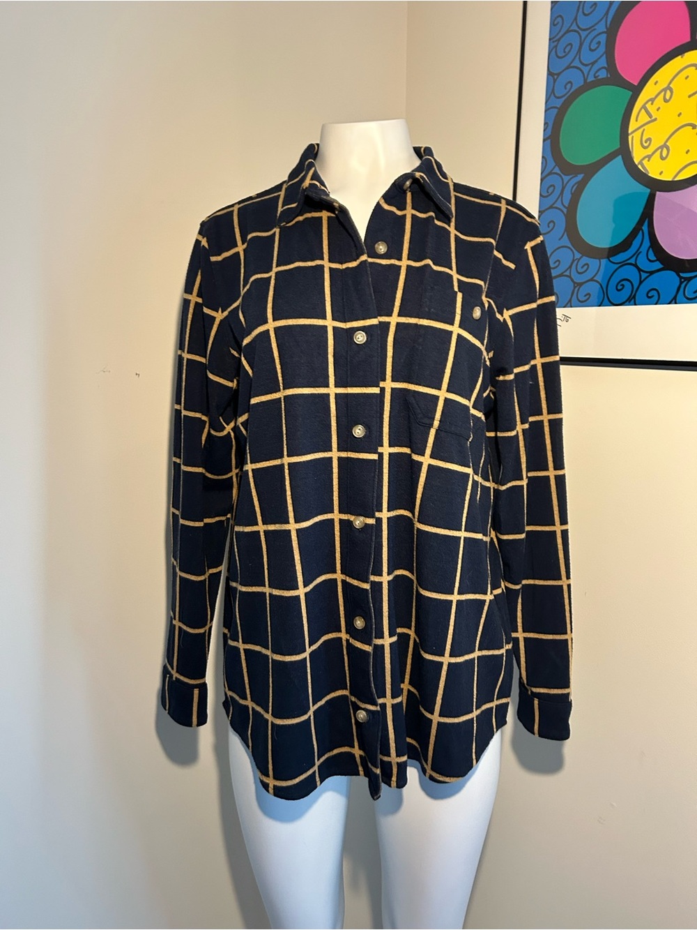 LL Bean womens Navy Windowpane Button-Up Shirt Size XL